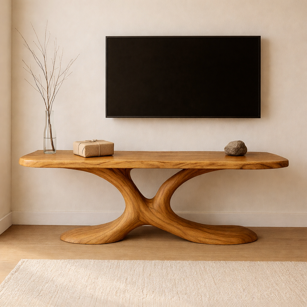 Modern Solid Wood TV Stand – Sculptural Wooden Media Console for Living Room