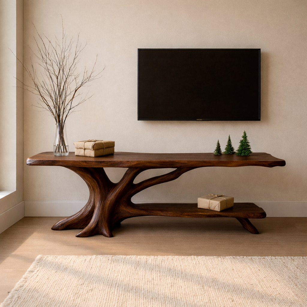 Live Edge Solid Wood TV Stand with Sculptural Base – Modern Wooden Media Console