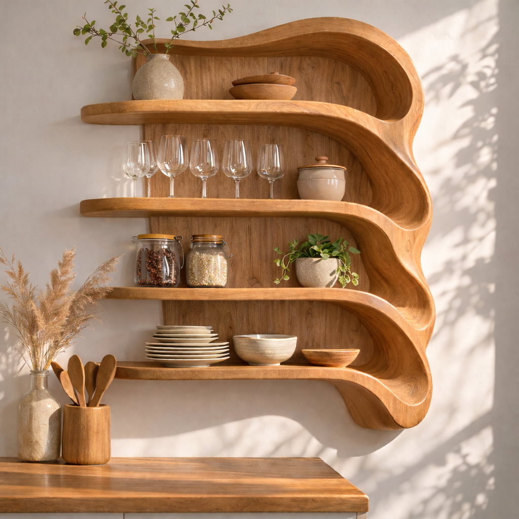Solid Wood Curved Kitchen Cabinet Shelf – Organic Floating Wall Storage Rack