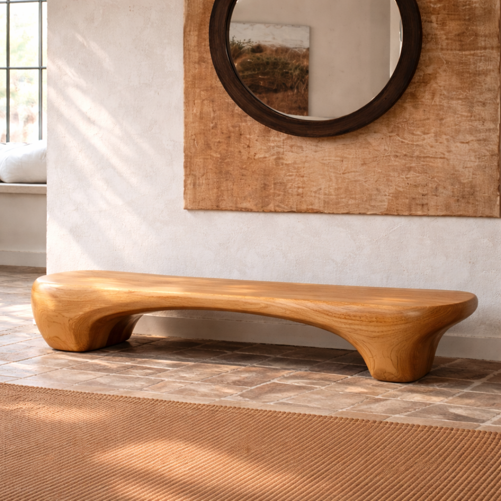 Organic Sculptural Solid Wood Bench, Modern Rustic Statement Seating