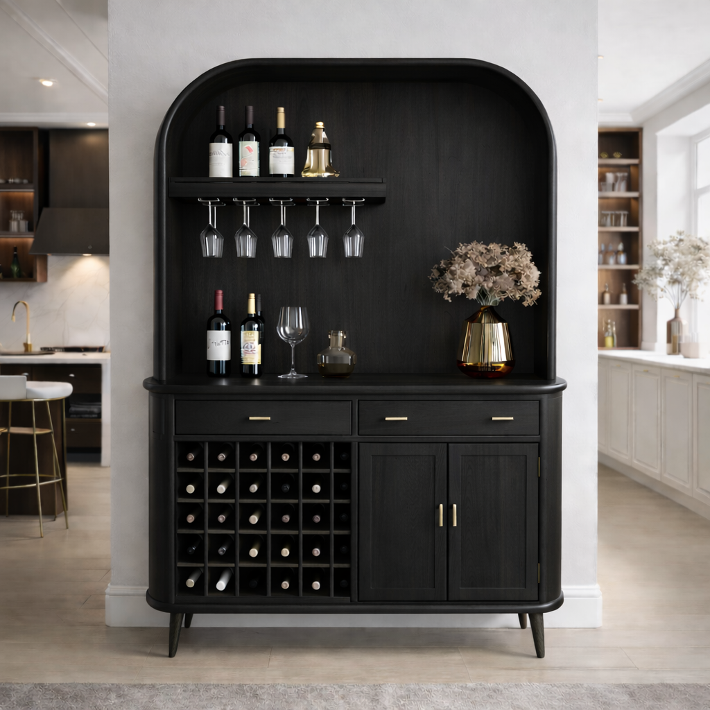 Solid Wood Bar Cabinet with Wine Rack and Curved Open Shelf Storage