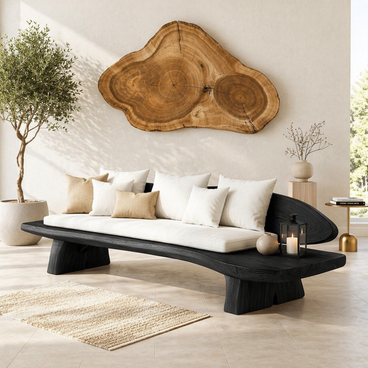 Organic Modern Wooden Sofa, Curved Minimalist Lounge Bench with Oversized Cushions