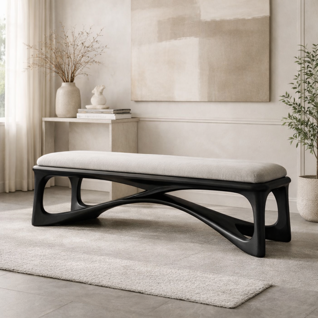 Modern Upholstered Wooden Entryway Bench, Sculptural Hallway Seating for Luxury Homes