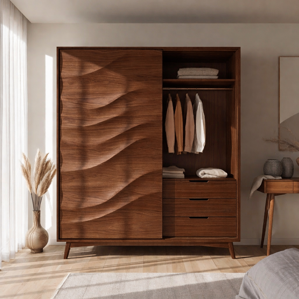 Solid Wood Wardrobe with Sculpted Wave Door – Modern Bedroom Closet with Drawers