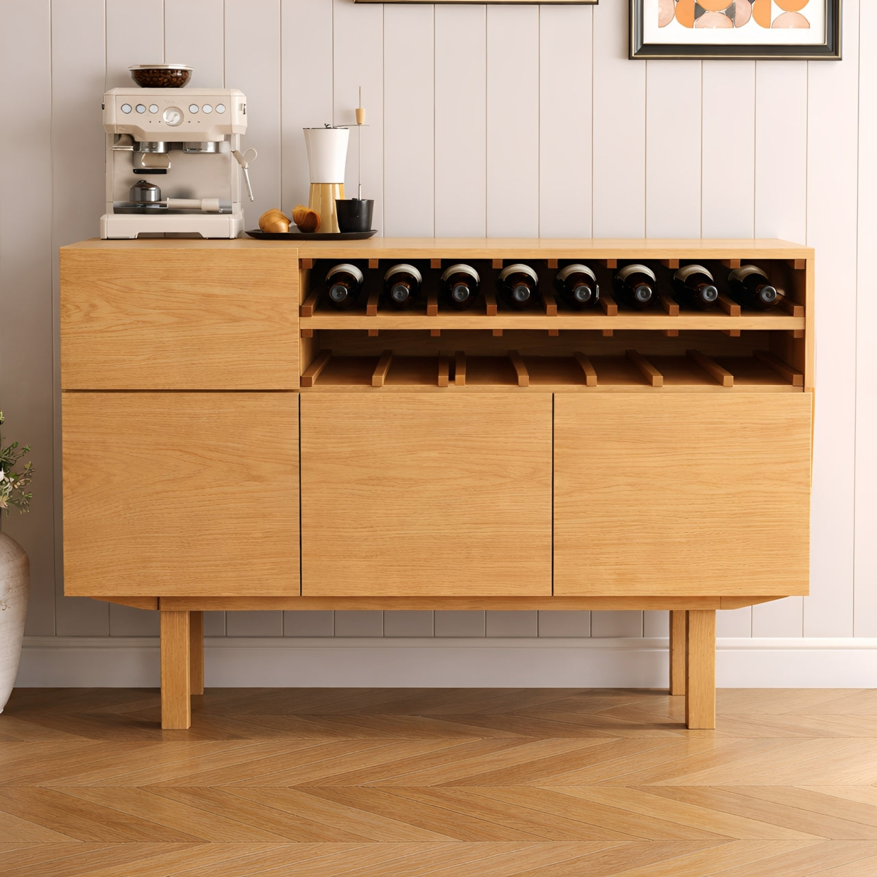 Handcrafted Solid Oak Wine Cabinet Mid Century Bar Sideboard with Bottle Rack Storage