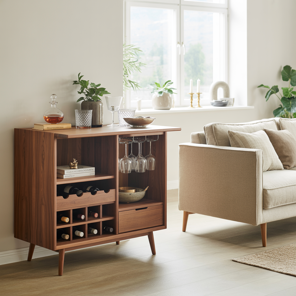 Handcrafted Solid Wood Wine Cabinet Compact Bar Storage with Glass Holder Mid Century Style