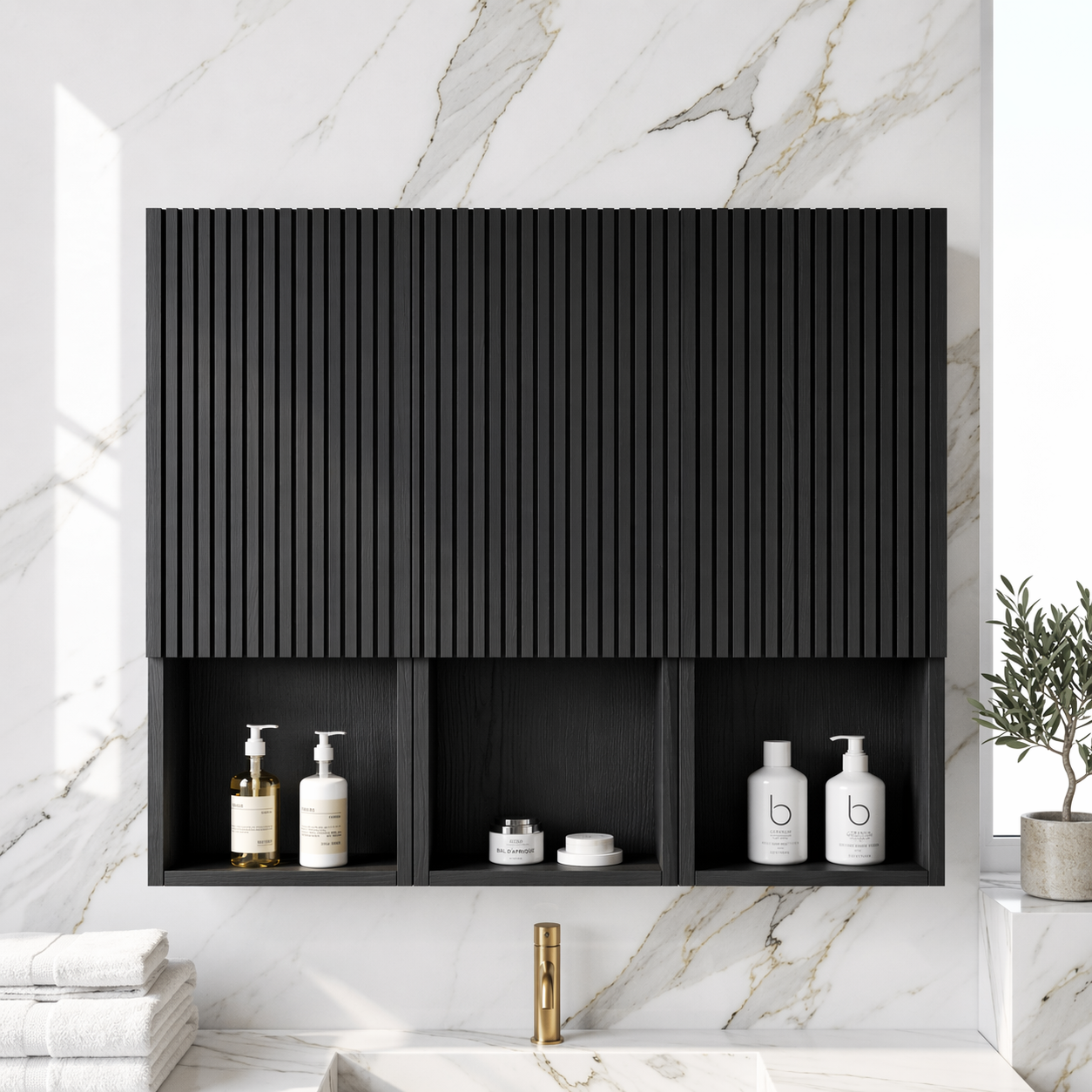 Floating Bathroom Cabinet, Modern Slatted Wall Mounted Vanity Storage Organizer Unit