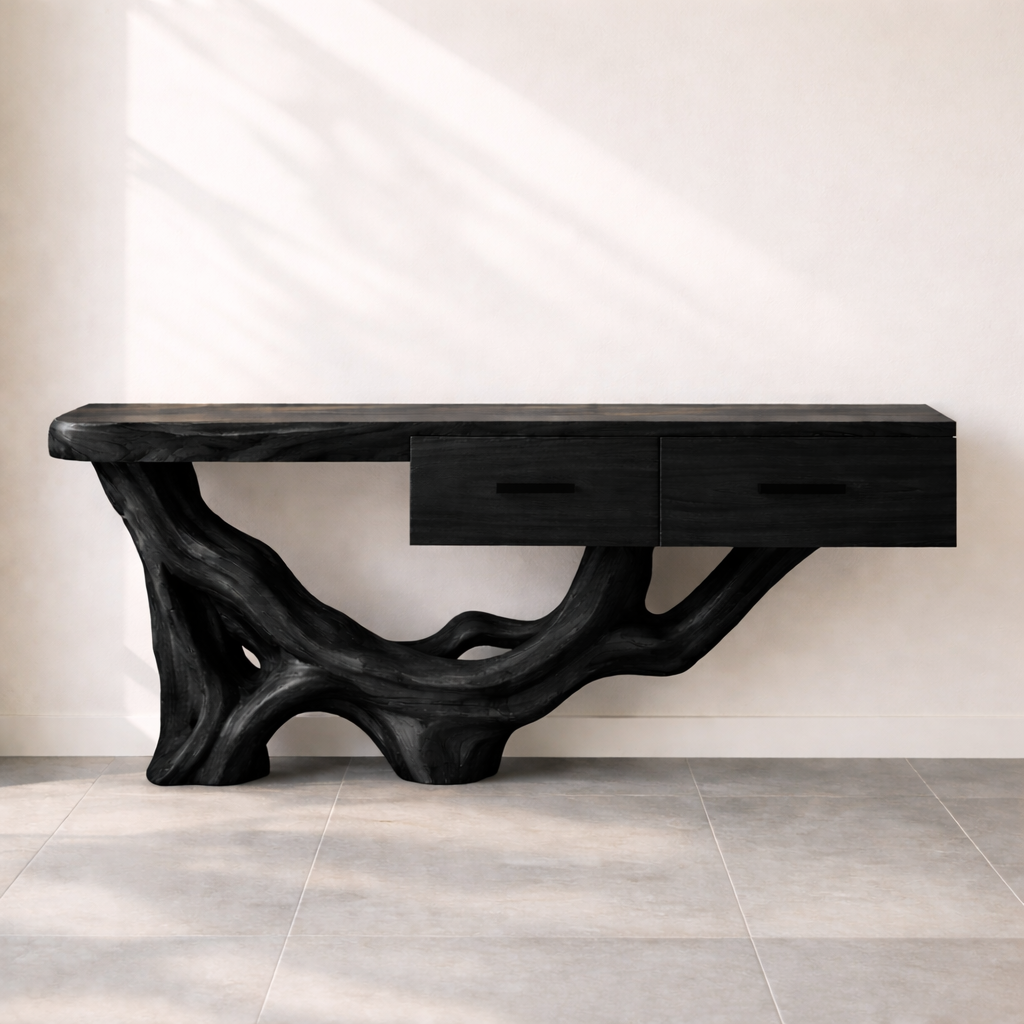 Rustic Solid Wood Console Table With Drawers, Tree Root Base Entryway Hallway Furniture Kitchnce