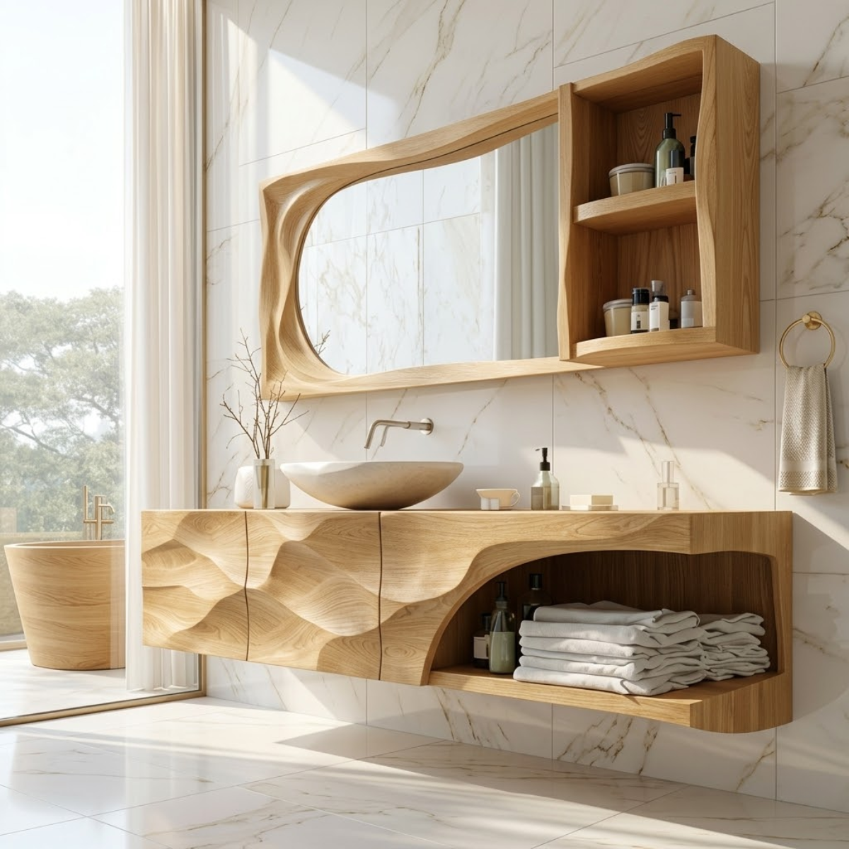Modern Solid Wood Bathroom Vanity with Floating Storage and Sculpted Front Design