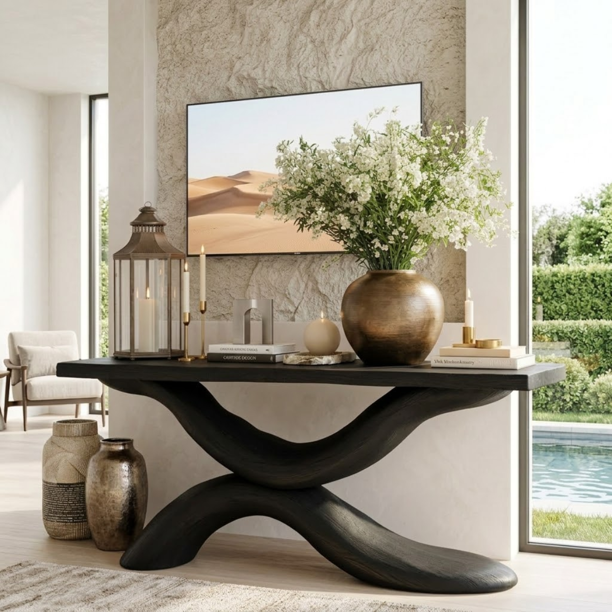 Solid Wood Console Table with Sculpted Curved Base, Modern Elegant Design