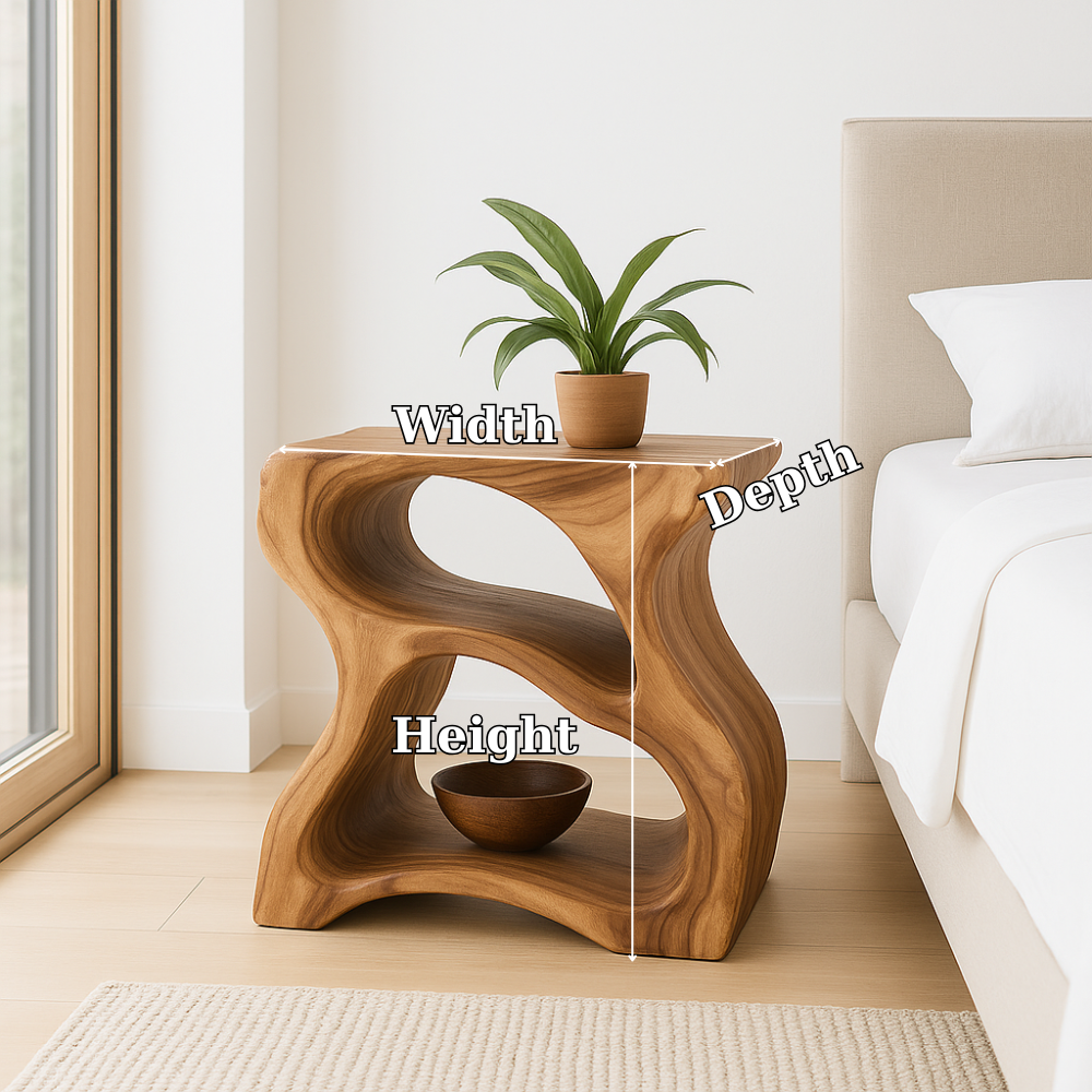 Handcrafted Solid Wood Nightstand – Modern Sculptural Bedside Table with Open Storage Kitchnce
