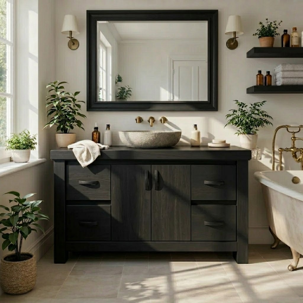 Solid Wood Bathroom Vanity Cabinet with Drawers β Rustic Oak Vanity Base Only