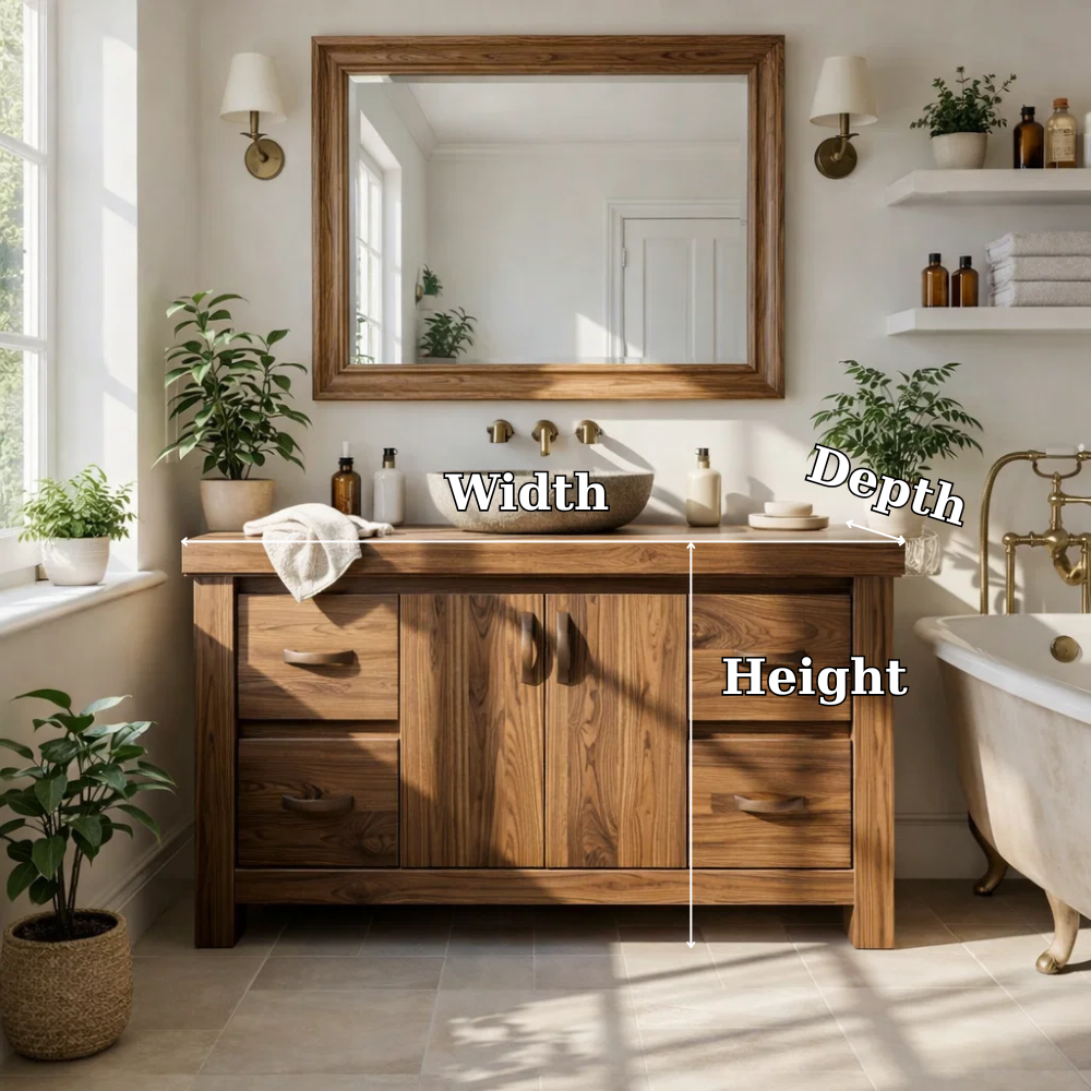 Solid Wood Bathroom Vanity Cabinet with Drawers – Rustic Oak Vanity Base Only