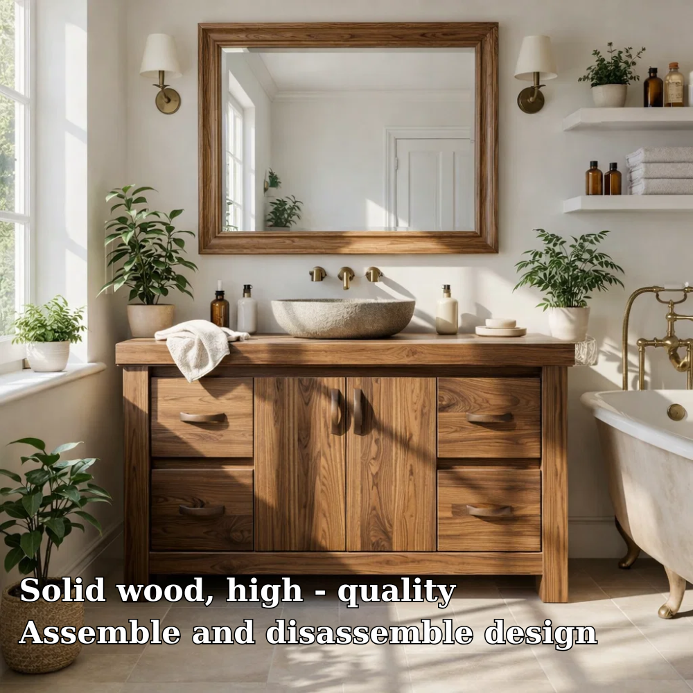Solid Wood Bathroom Vanity Cabinet with Drawers β Rustic Oak Vanity Base Only