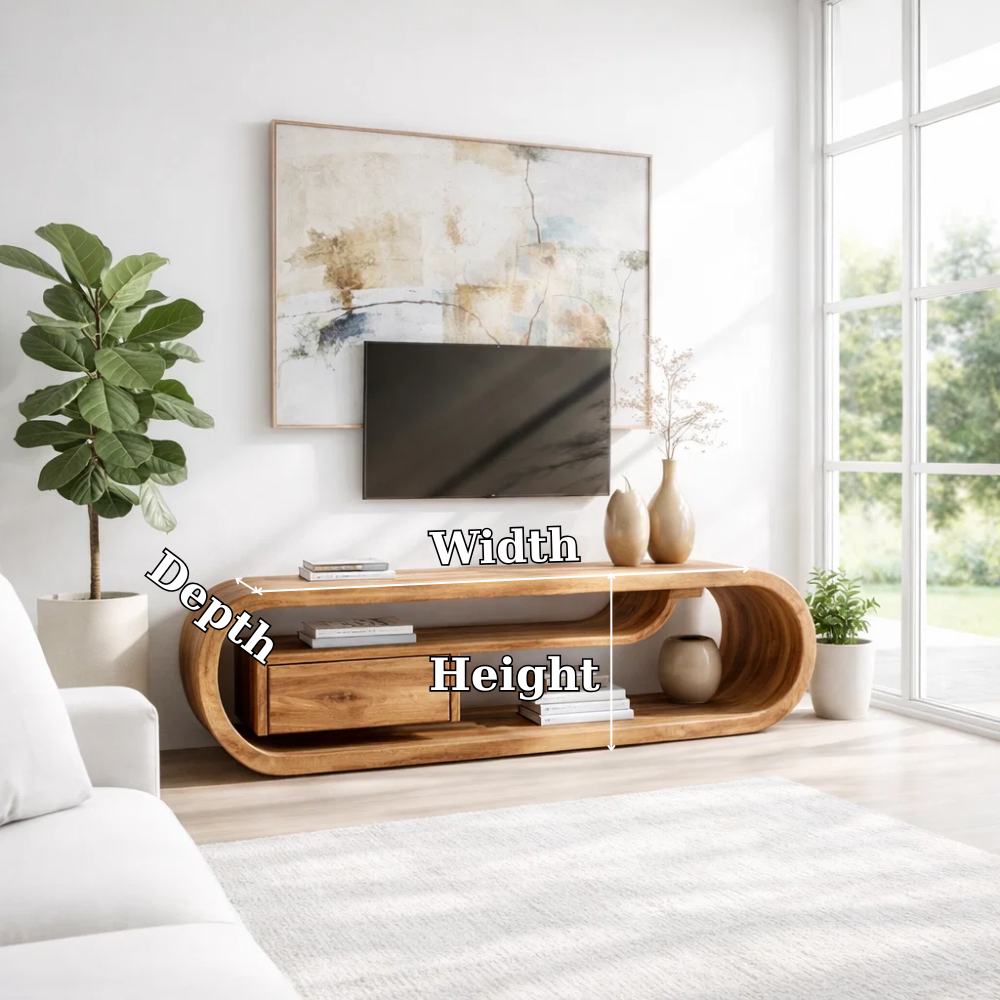 Solid Wood TV Console with Curved Design – Modern Media Stand with Drawer