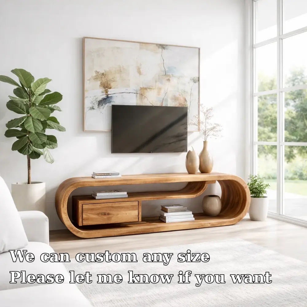 Solid Wood Curved TV Cabinet – Modern Sculptural Media Console with Storage Kitchnce