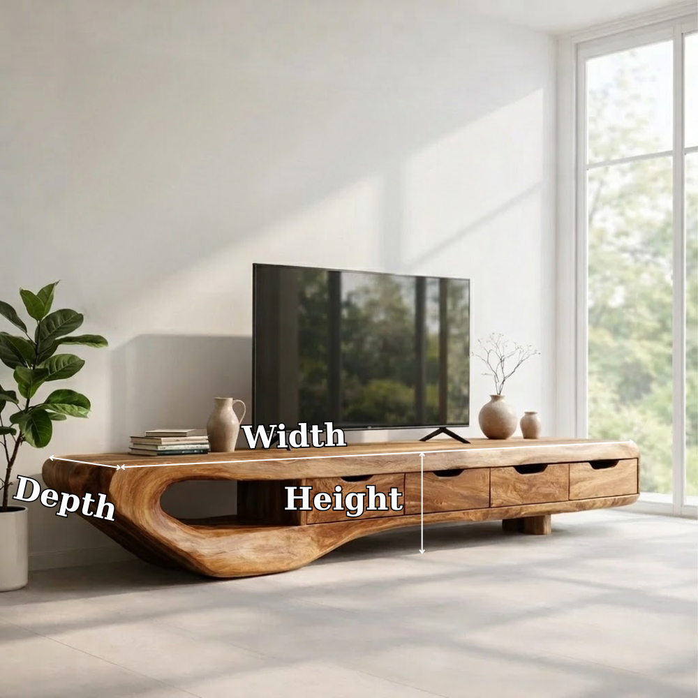 Solid Wood TV Console with Curved Live Edge – Modern Rustic Media Stand with Drawers