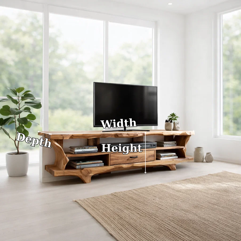 Solid Wood TV Console with Live Edge – Rustic Modern Media Stand with Storage