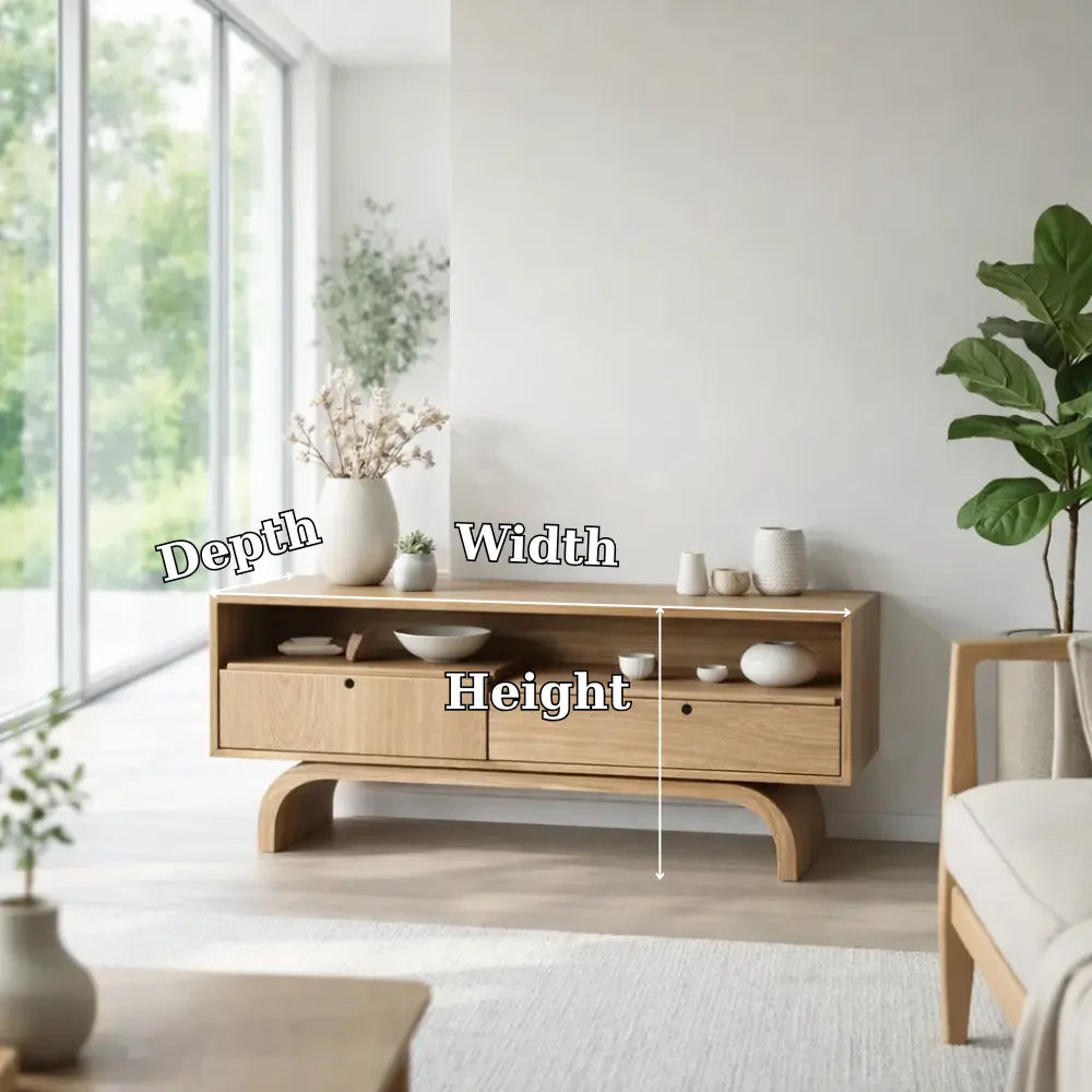 Modern Low Console Table with Drawers & Open Shelf Kitchnce
