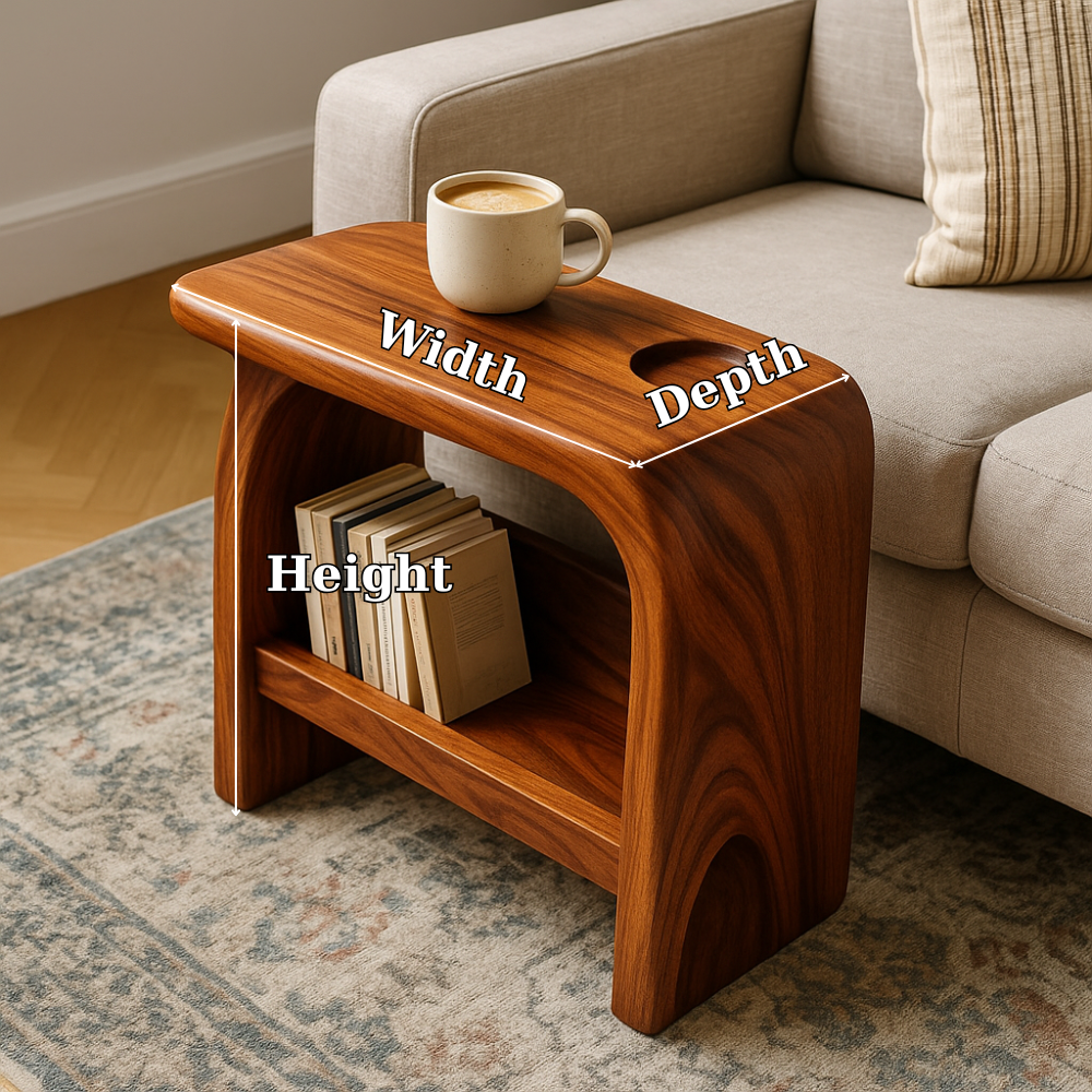 Handcrafted Solid Wood Armrest Table with Storage Shelf – Sculpted Organic Design Kitchnce