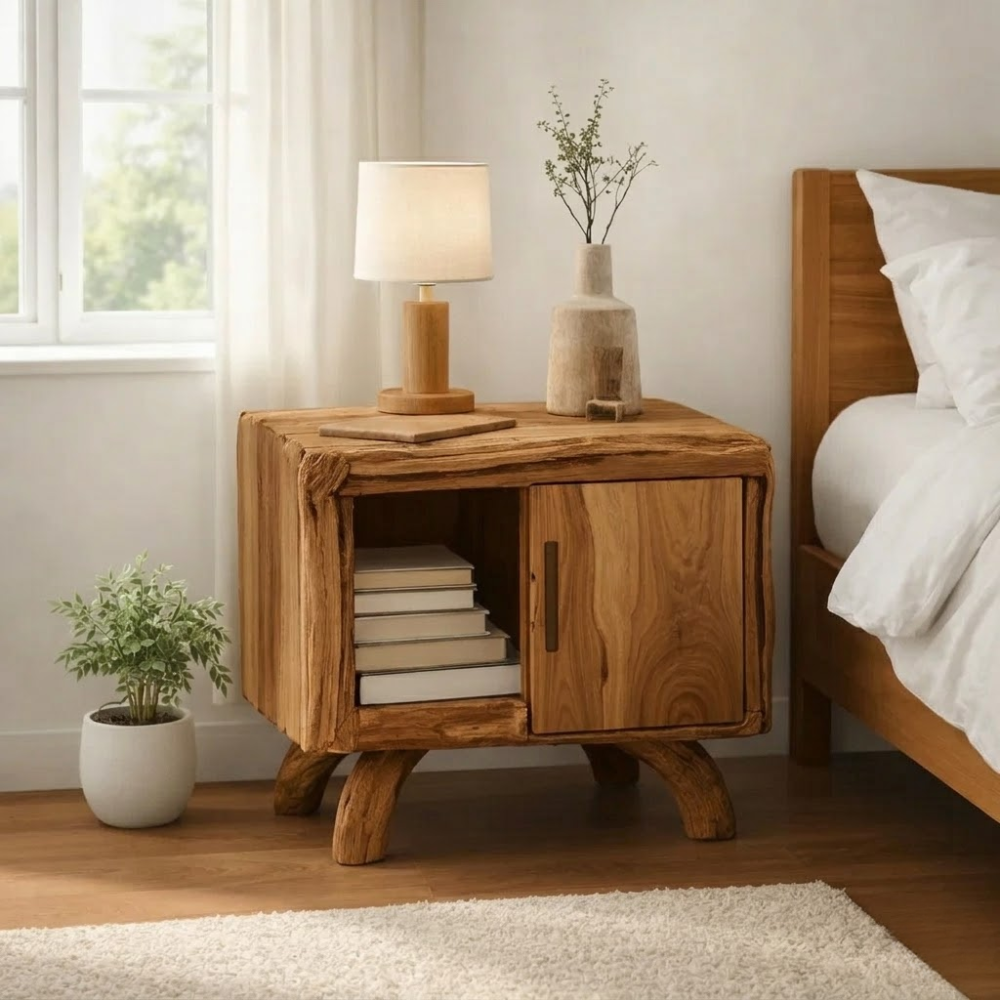 Solid Wood Nightstand with Door & Shelf – Rustic Live Edge Bedside Table