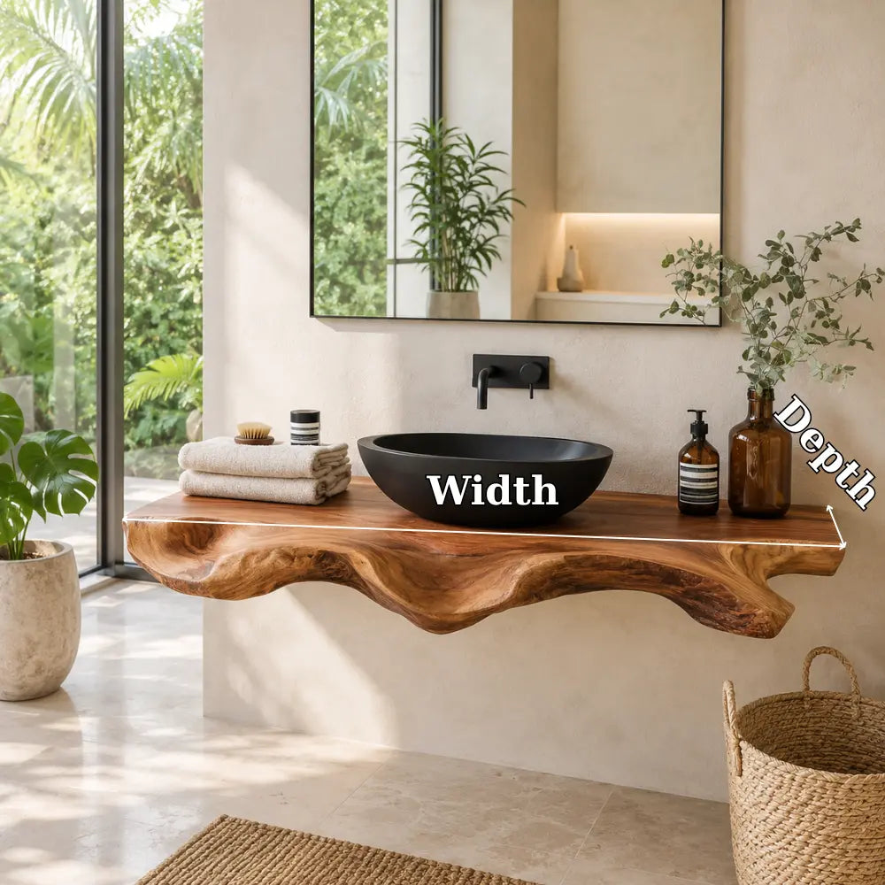 Sculptural Live Edge Vanity Shelf | Modern Solid Wood Floating Bathroom Kitchnce