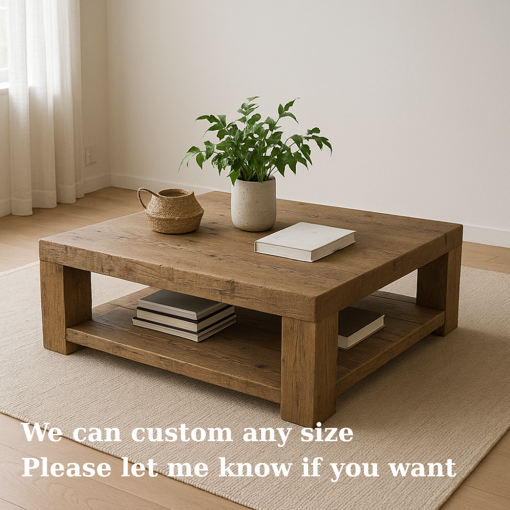 Handcrafted Solid Wood Coffee Table – Rustic Minimalist Square Center Table with Open Shelf for Japandi or Modern Living Room Kitchnce