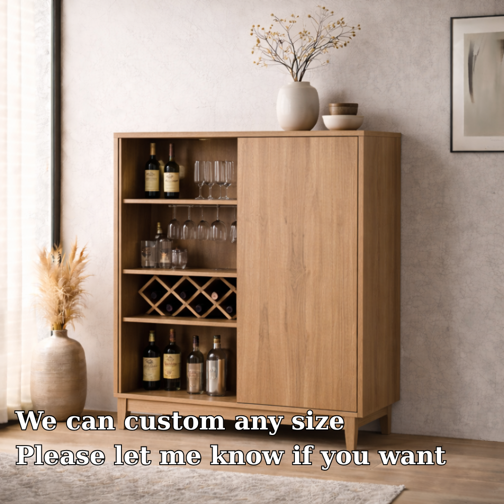 Solid Wood Bar Cabinet with Wine Rack and Glass Storage – Modern Oak Liquor Cabinet