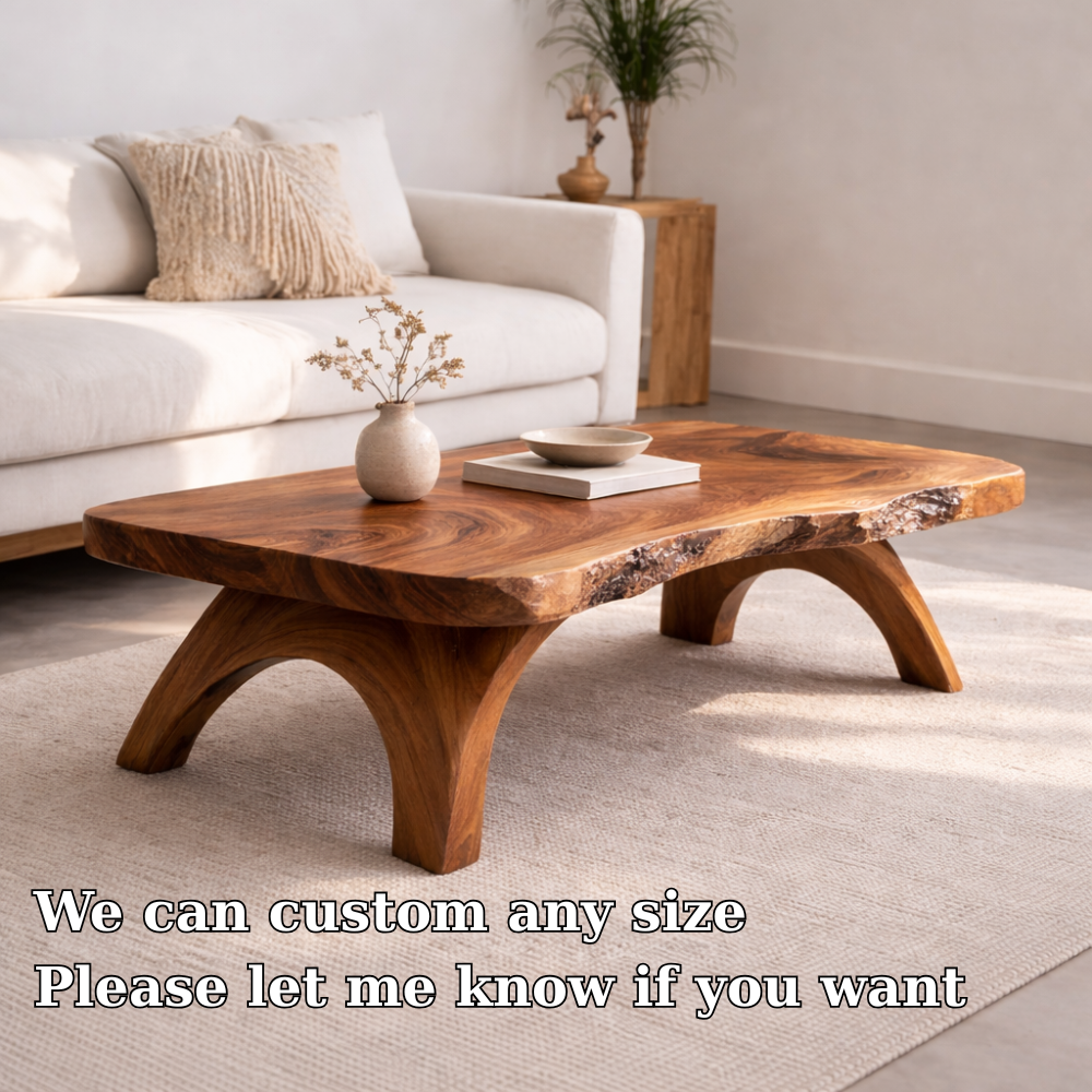 Live Edge Solid Wood Coffee Table with Sculpted Wooden Legs – Rustic Modern Center Table