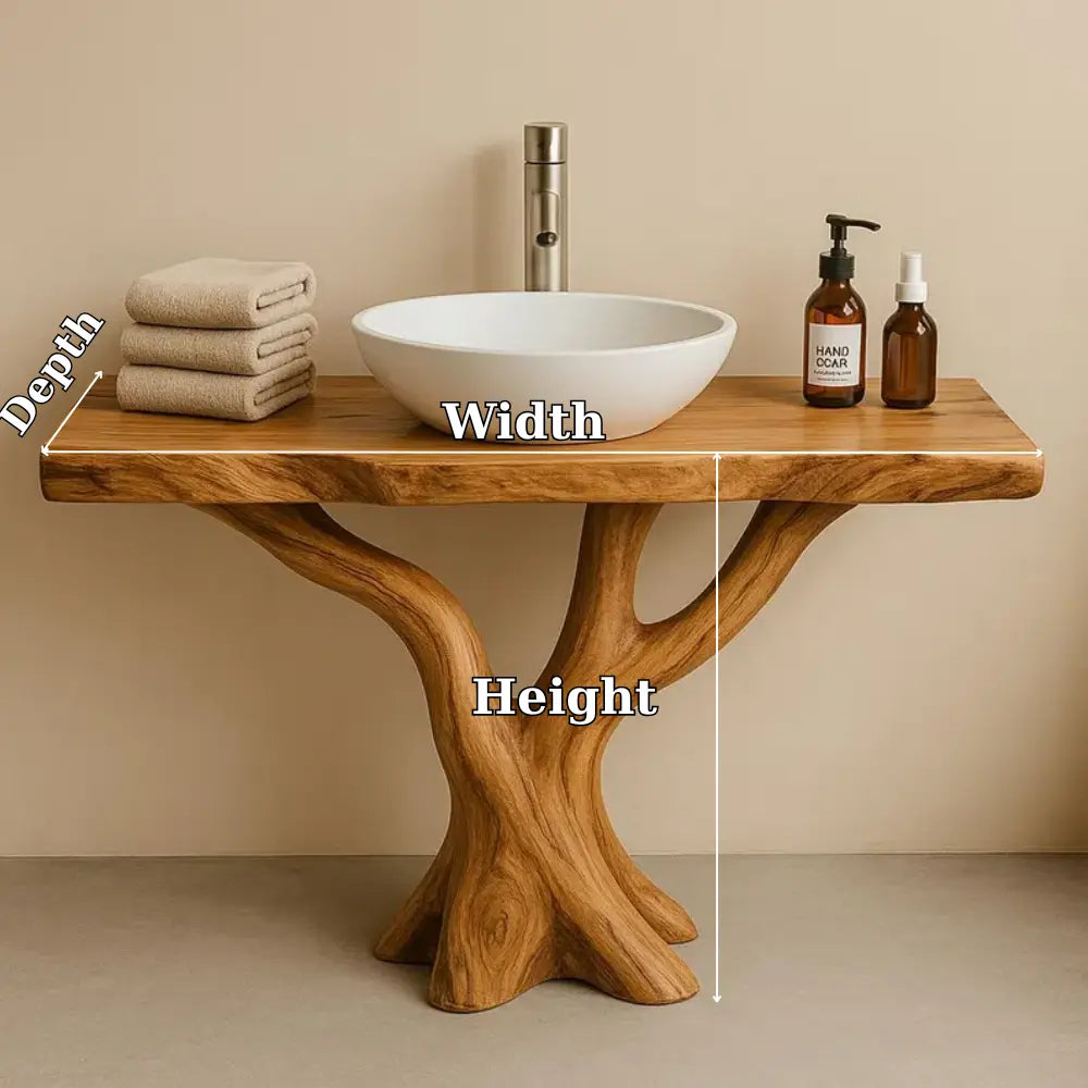 Handcrafted Solid Wood Bathroom Vanity with Tree Design – Natural Organic Sink Console Kitchnce