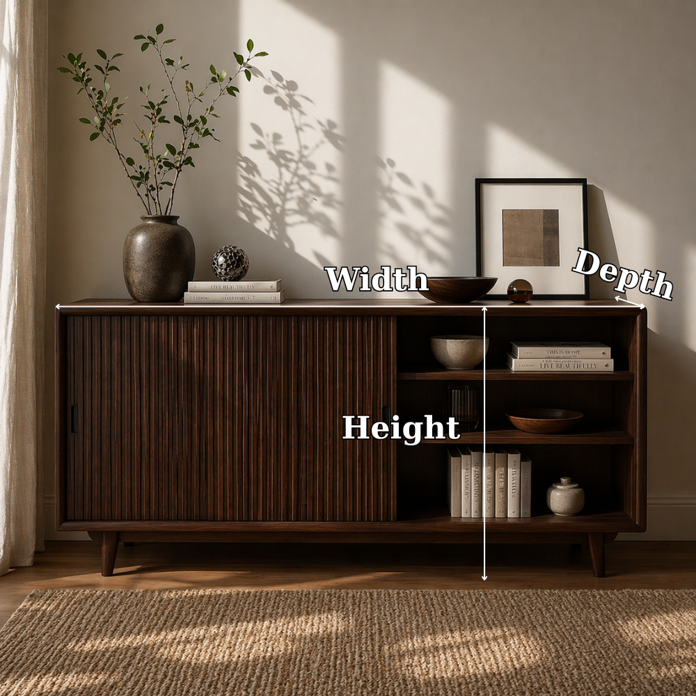 Solid Wood Sideboard Cabinet with Sliding Slatted Doors & Open Shelf Storage