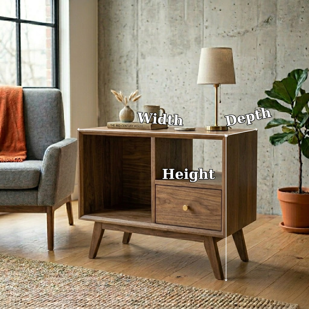 Solid Wood End Table with Open Shelves and Drawer – Mid Century Modern Side Table