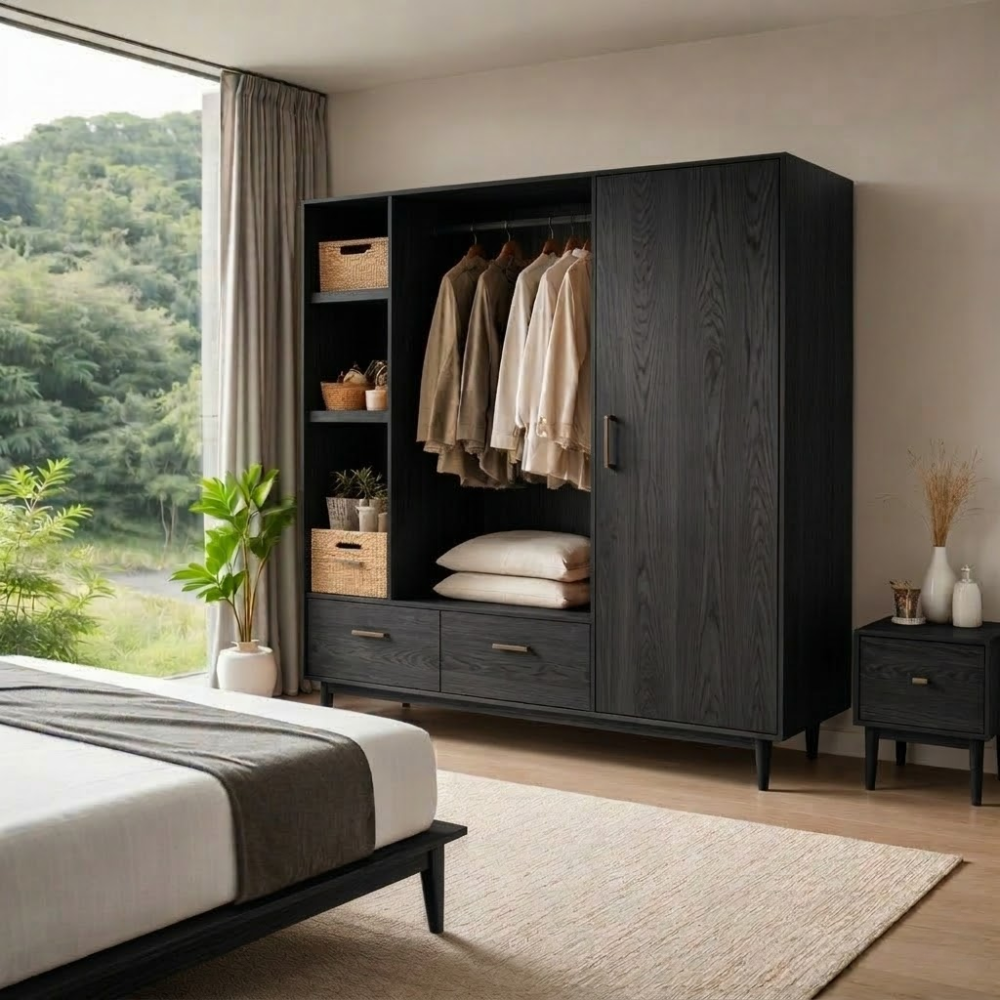 Solid Wood Wardrobe with Shelves and Drawers – Modern Bedroom Storage Closet
