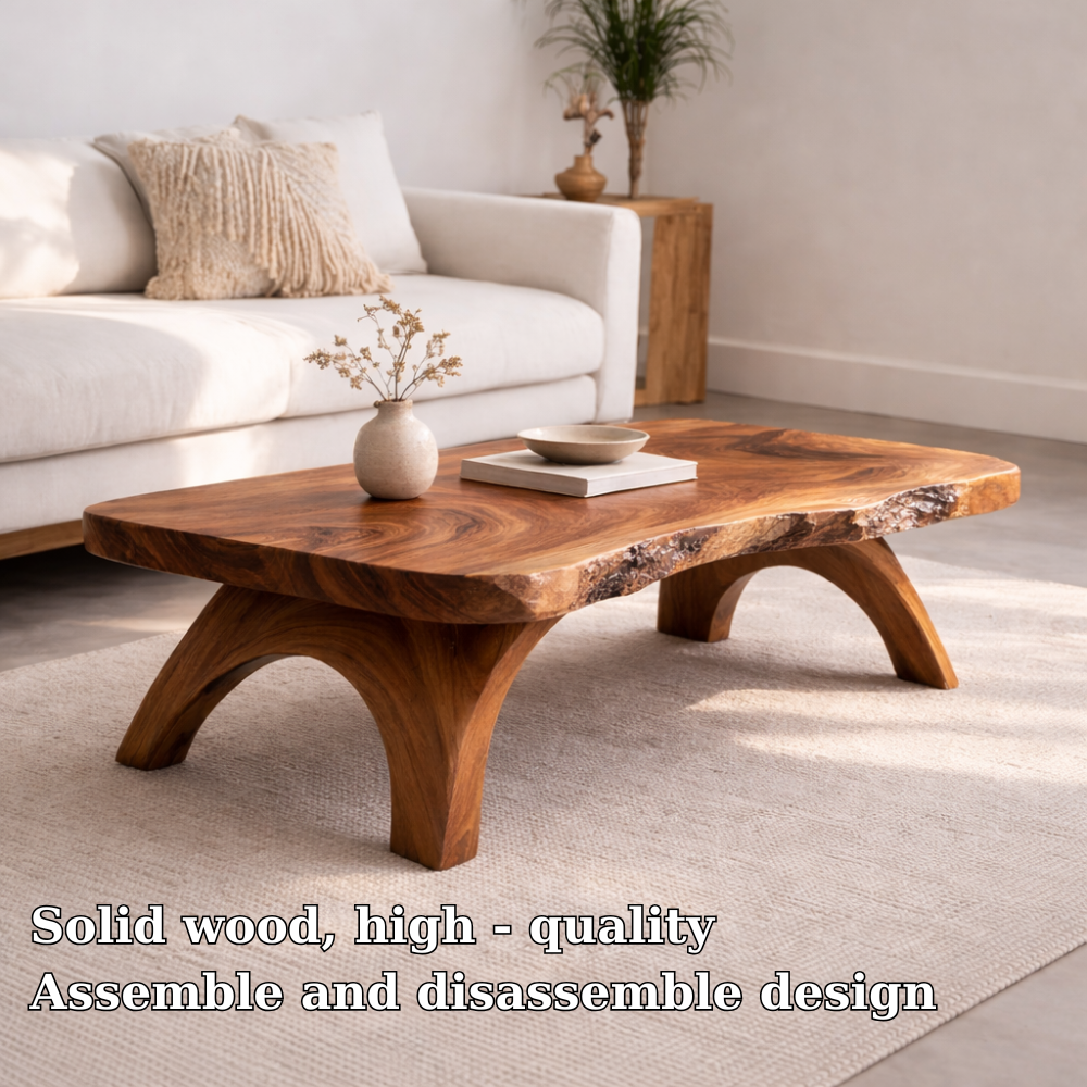 Live Edge Solid Wood Coffee Table with Sculpted Wooden Legs – Rustic Modern Center Table