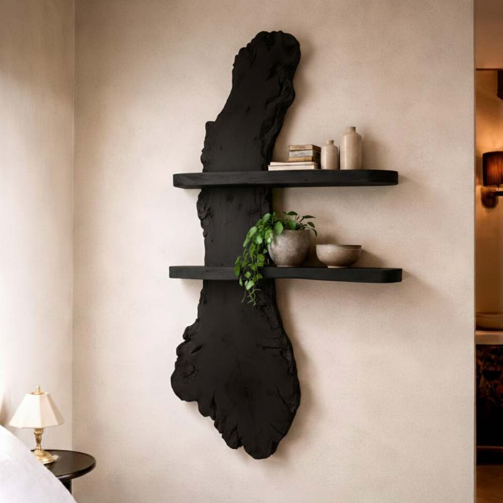 Handcrafted Solid Wood Live Edge Wall Shelf - Organic Tree-Shaped Floating Home Decor