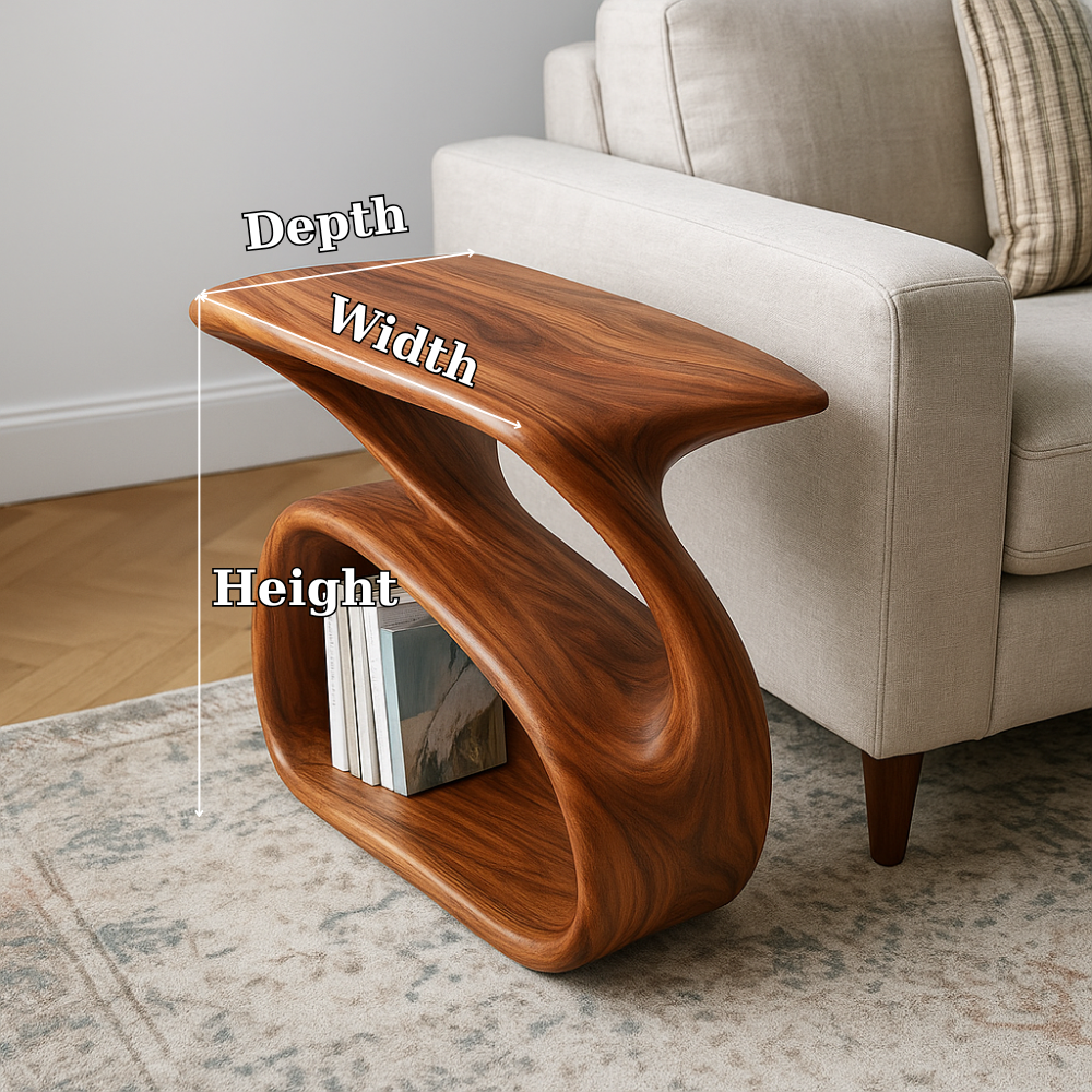 Handcrafted Solid Wood Armrest Table – Organic Curved Sofa Side Table with Storage Shelf Kitchnce
