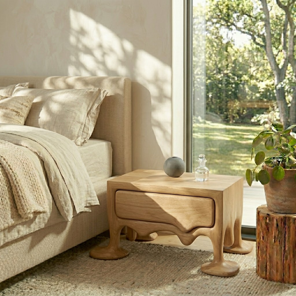 Solid Wood Nightstand with Drawer – Sculptural Organic Bedside Table