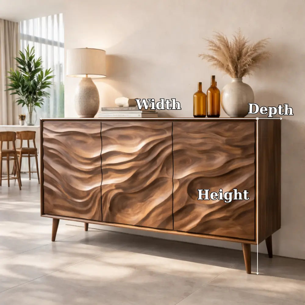 Solid Wood Console Table with Carved Wave Doors – Modern Sculptural Storage Sideboard Kitchnce