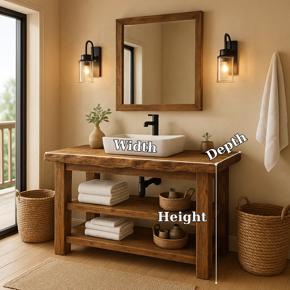 Rustic Solid Wood Bathroom Vanity with Vessel Sink and Open Storage Kitchnce