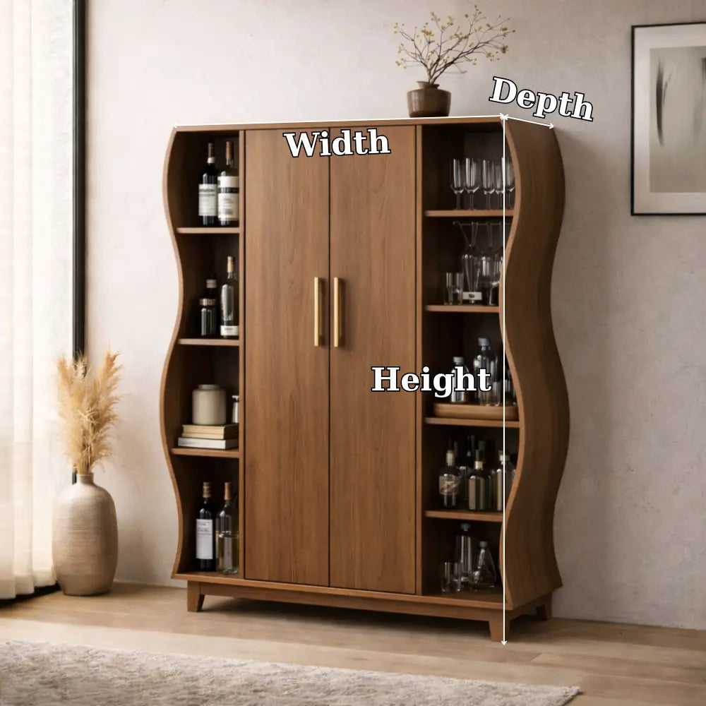 Solid Wood Curved Bar Cabinet with Open Shelves – Modern Walnut Wine Storage Cabinet Kitchnce