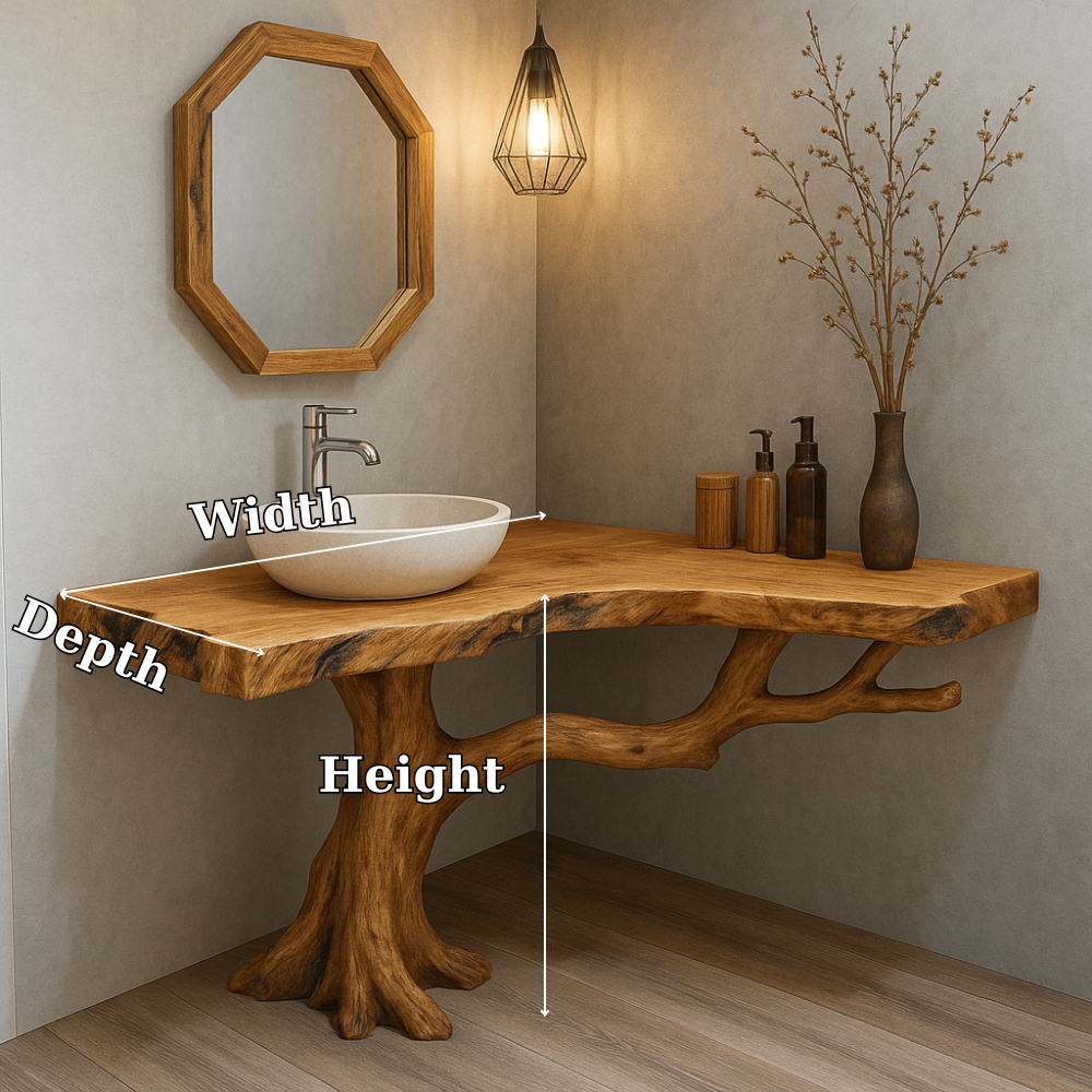 Handcrafted Solid Wood Bathroom Vanity – Organic Tree Branch Base with Live Edge Top Kitchnce