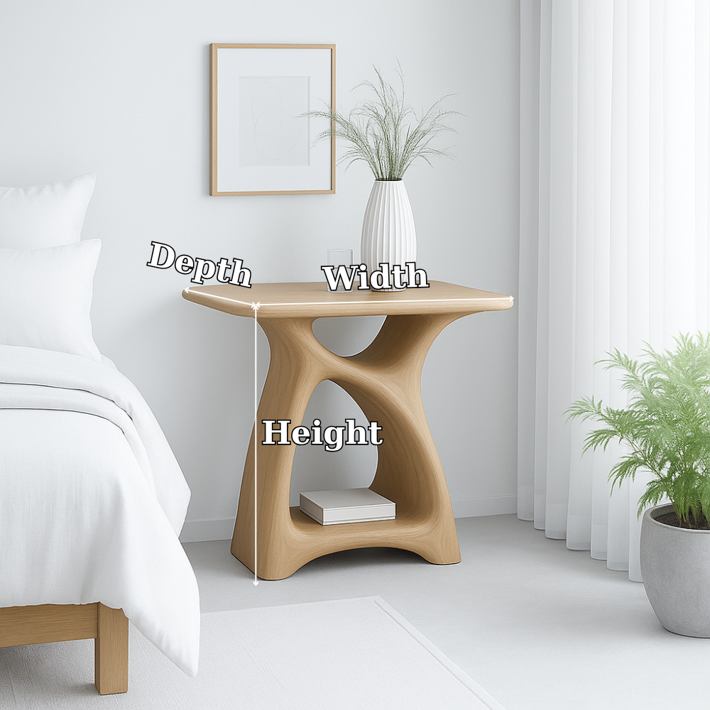 Handcrafted Solid Wood Nightstand – Modern Sculptural Bedside Table with Open Shelf Kitchnce