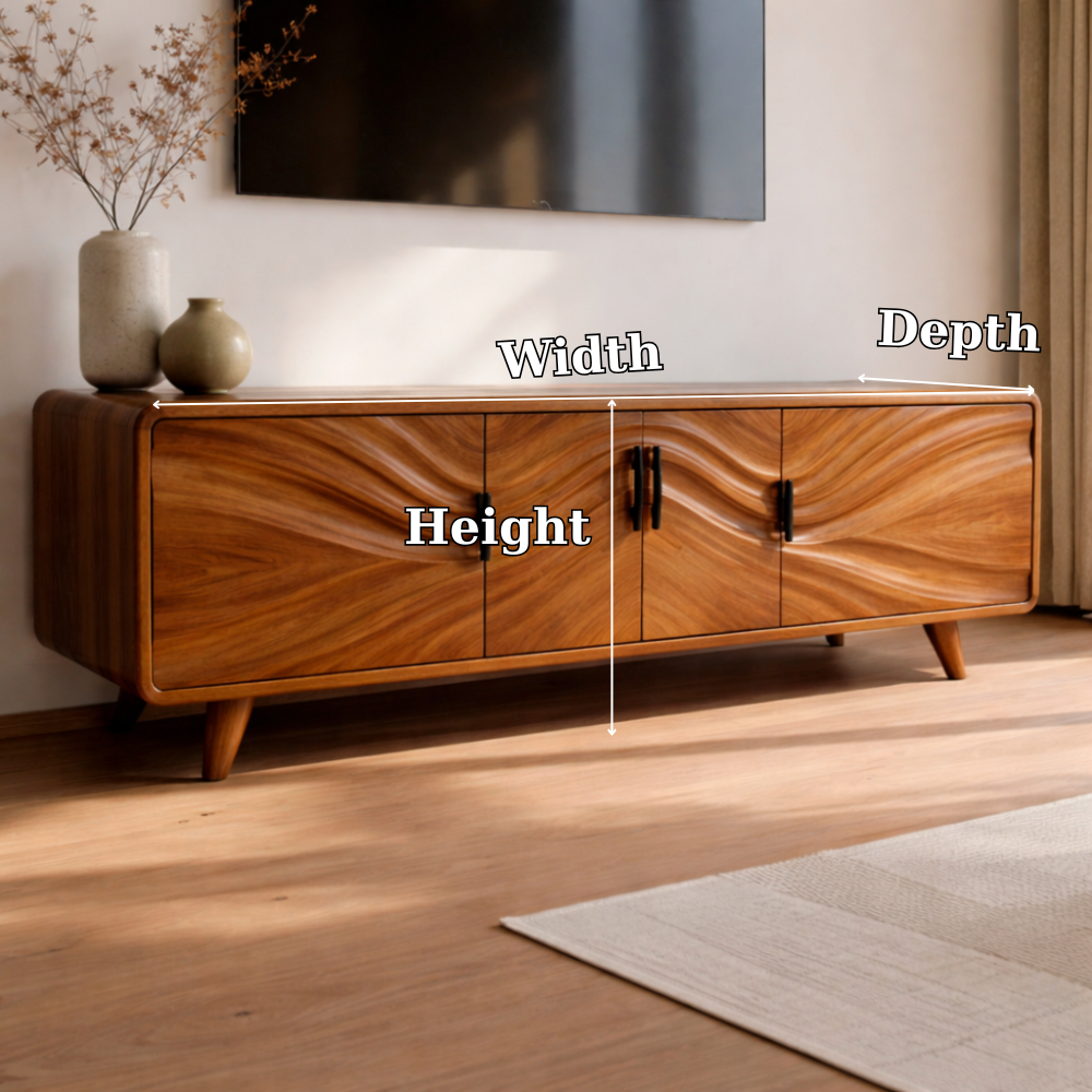 Solid Wood Wave Front TV Cabinet with Doors – Modern Low Media Console Storage