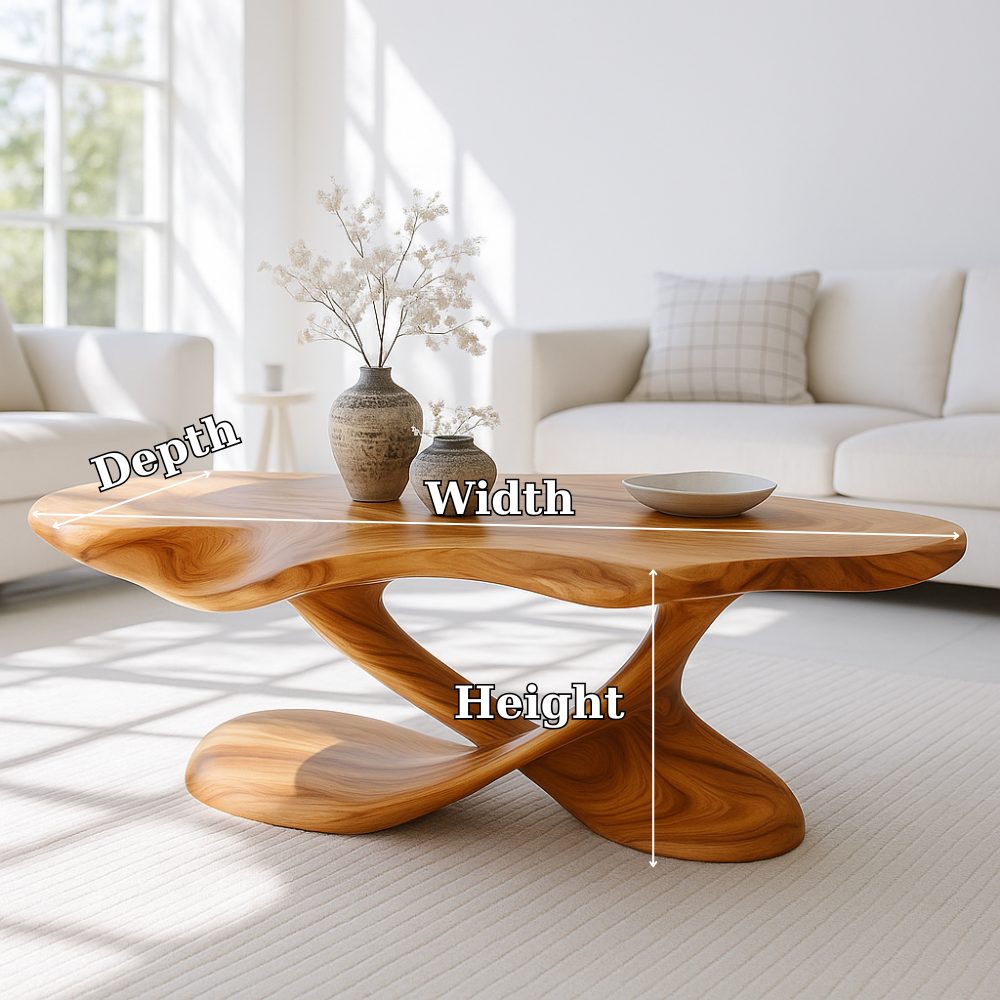 Modern Solid Wood Coffee Table with Sculptural Curved Base for Living Room Kitchnce