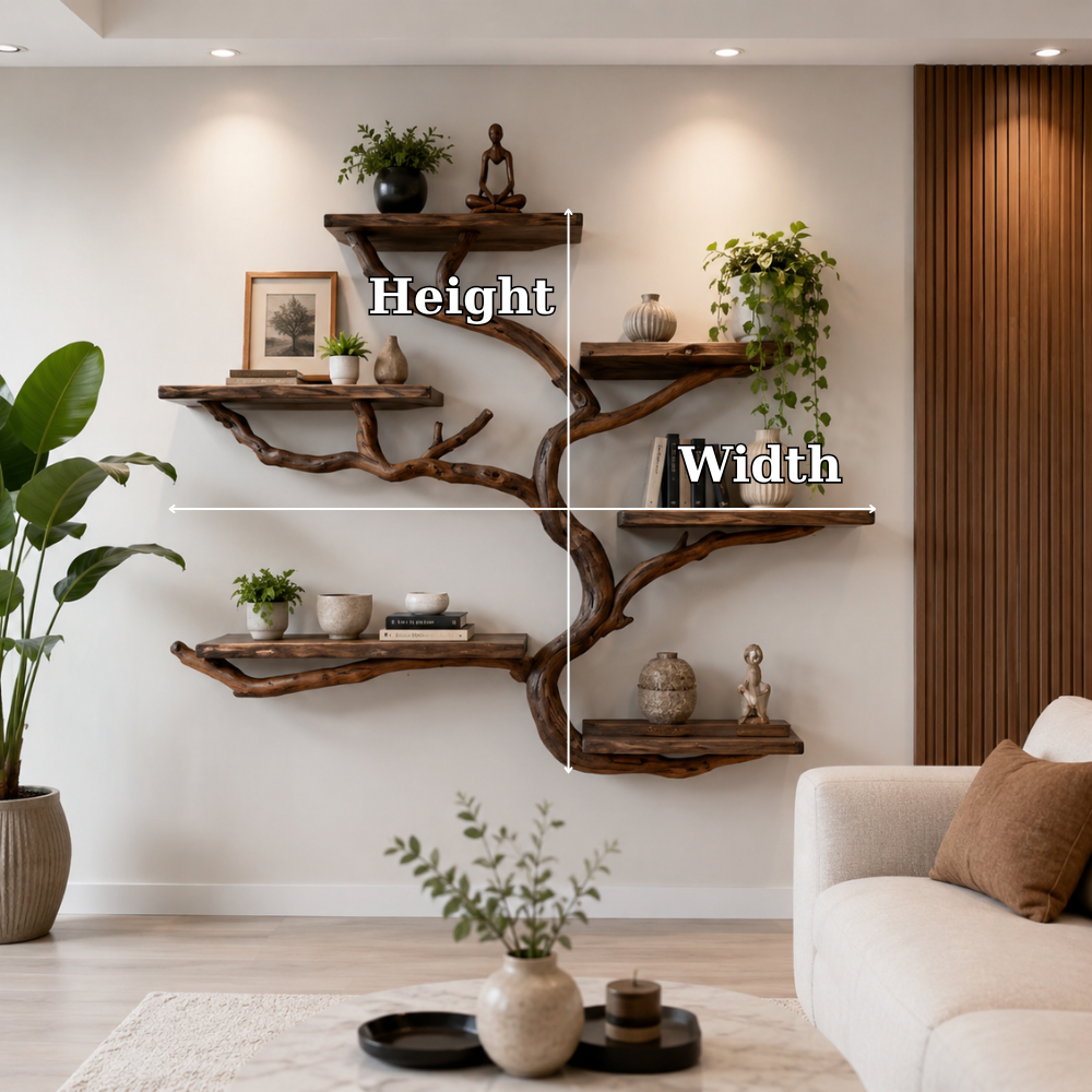 Handcrafted Solid Wood Tree Bookshelf, Organic Wall Mounted Floating Shelf