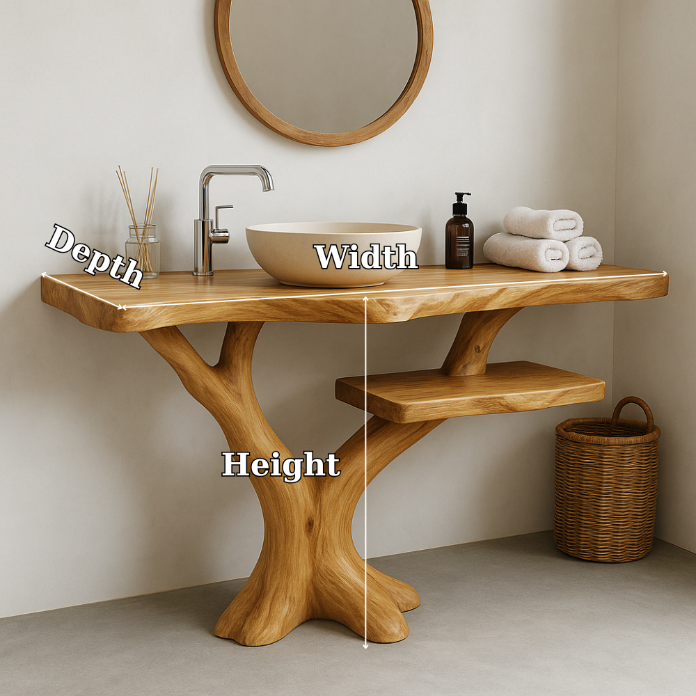 Handcrafted Solid Wood Bathroom Vanity – Natural Tree Form Design with Floating Shelf Kitchnce