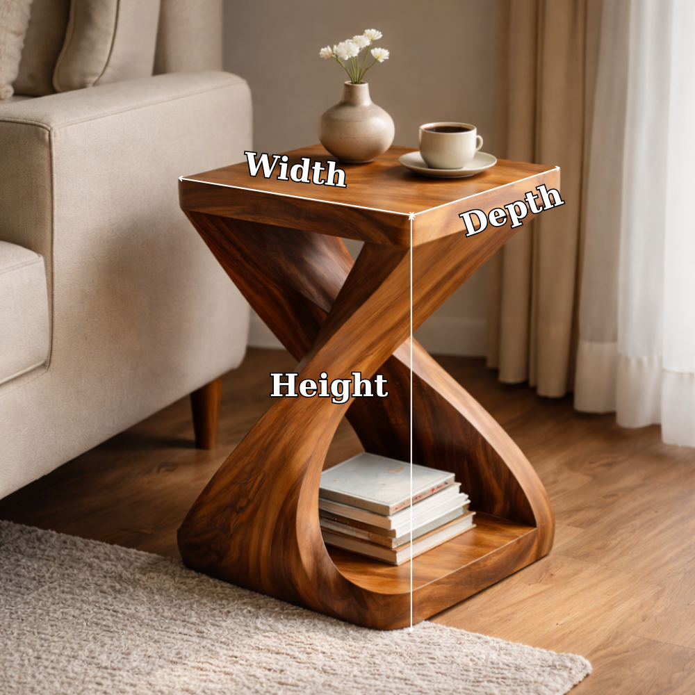 Sculptural Solid Wood End Table with Curved Base and Shelf – Modern Side Table