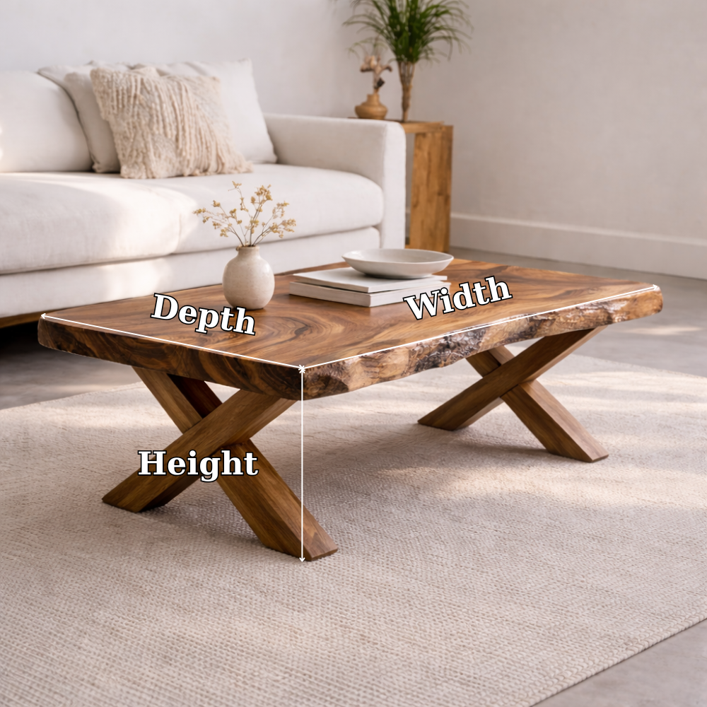 Live Edge Solid Wood Coffee Table with X-Frame Legs – Rustic Modern Living Room Table Kitchnce