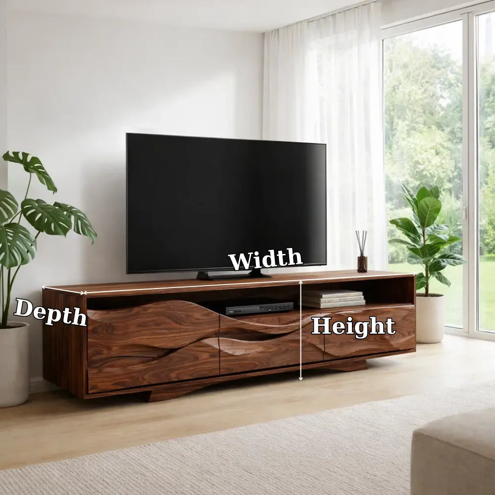 Solid Wood TV Cabinet with Wave Design – Modern Walnut Media Console Kitchnce