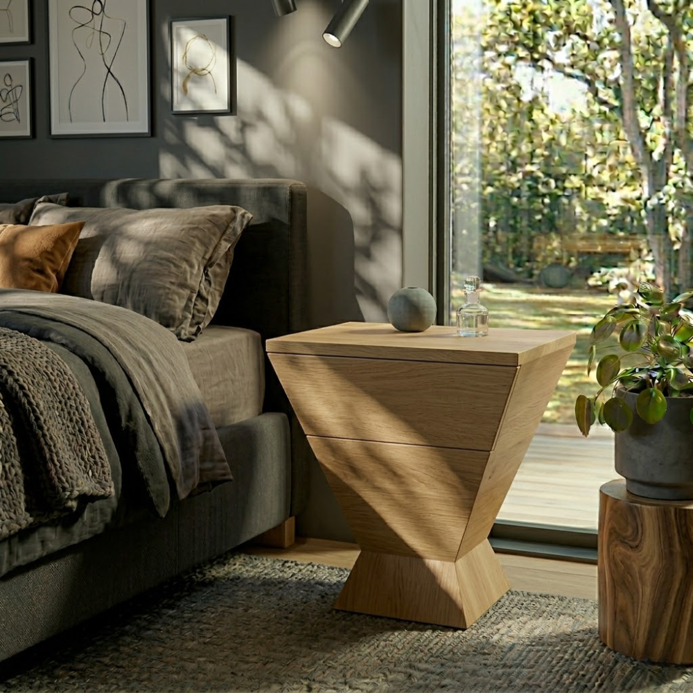 Modern Geometric Solid Wood Nightstand with Drawer – Minimalist Bedside Table